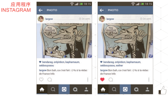 用戶點擊心形標志，標志瞬間變紅，表示“點贊”
