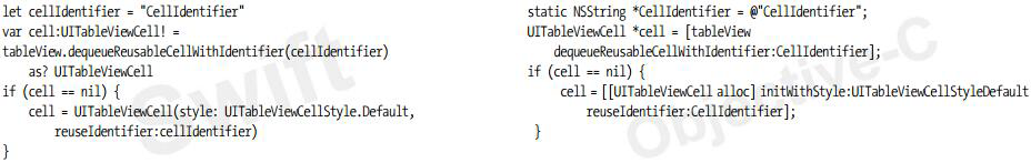 通過dequeueReusableCellWithIdentifier:方法，可以用標識符從表視圖中獲得可重用單元格，模式代碼