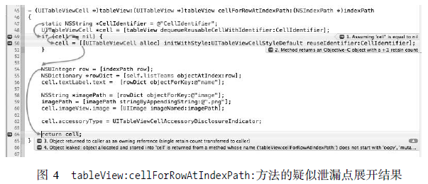 tableView:cellForRowAtIndexPath:方法的疑似泄漏點展開結果